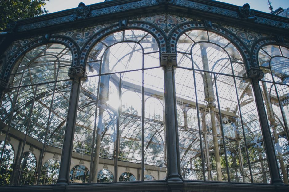 A large glass greenhouse with a domed roof and ornate architectural details stands behind a pond filled with calm water, reflecting the surrounding greenery. Tall trees with bright green foliage surround the pond and the greenhouse, creating a lush natural setting. In front of the greenhouse, a group of people can be seen walking and gathering on a paved area, suggesting visitors or clients during the moving or packing process. A small water fountain is positioned in the pond, adding motion to the scene. The bright daylight illuminates the scene, enhancing the vibrant colors of the trees and the building's glass and metal framework. This setting appears to be an outdoor location adjacent to a residential or historic property, with surroundings compatible with house removals or home relocation activities, which a professional removal service like Man With a Van Crystal Palace might facilitate.